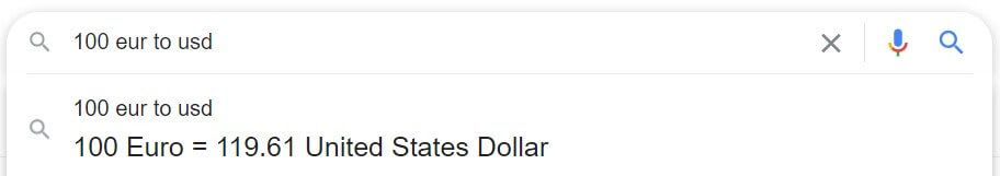 100 EUR converted to USD in Google