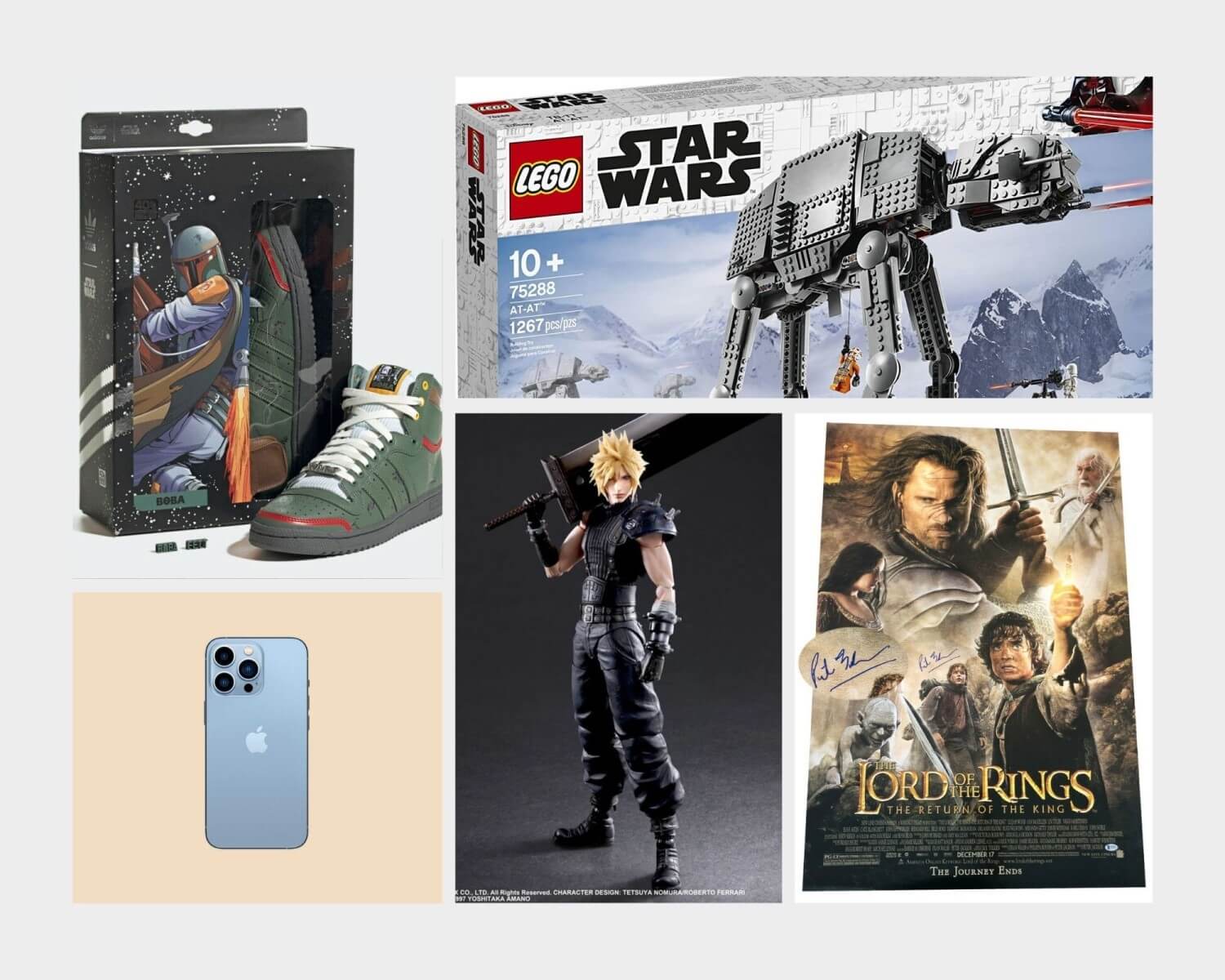 A collage of prizes you could win, including an iPhone and Mandalorian sneakers