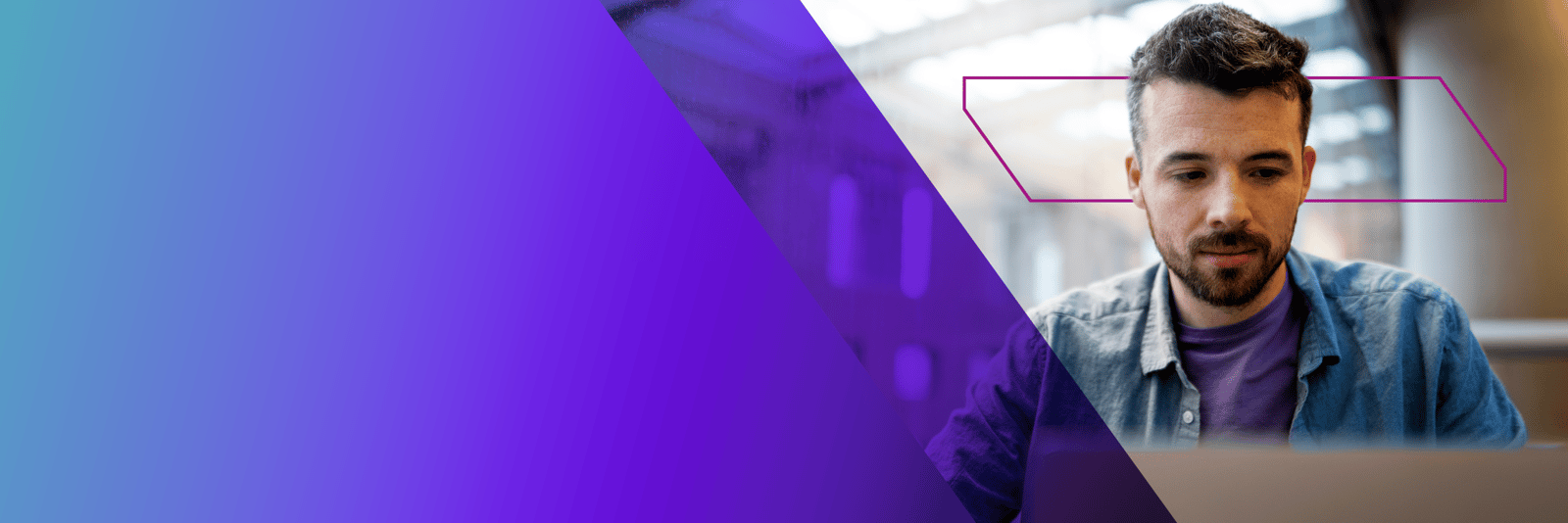 Bearded man in a denim shirt working at his laptop (purple gradient)