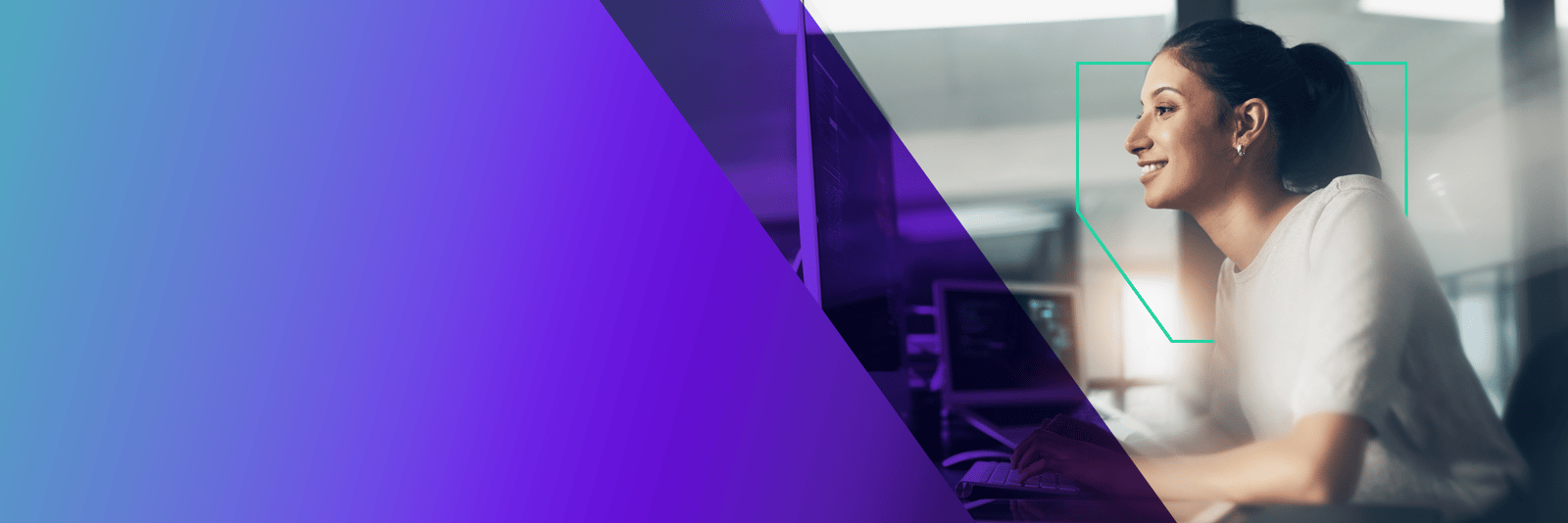 Woman working at a desk with multiple monitors, smiling (purple-teal gradient)