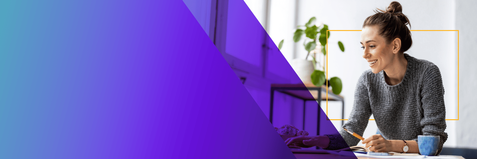 Man in a maroon shirt on a phone call while working at his laptop (purple gradient)