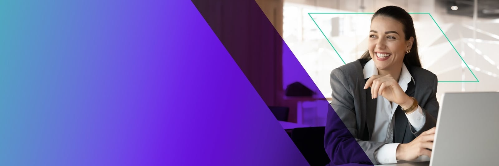 A smiling X-Team professional working on a laptop in a modern office (brand gradient treatment)
