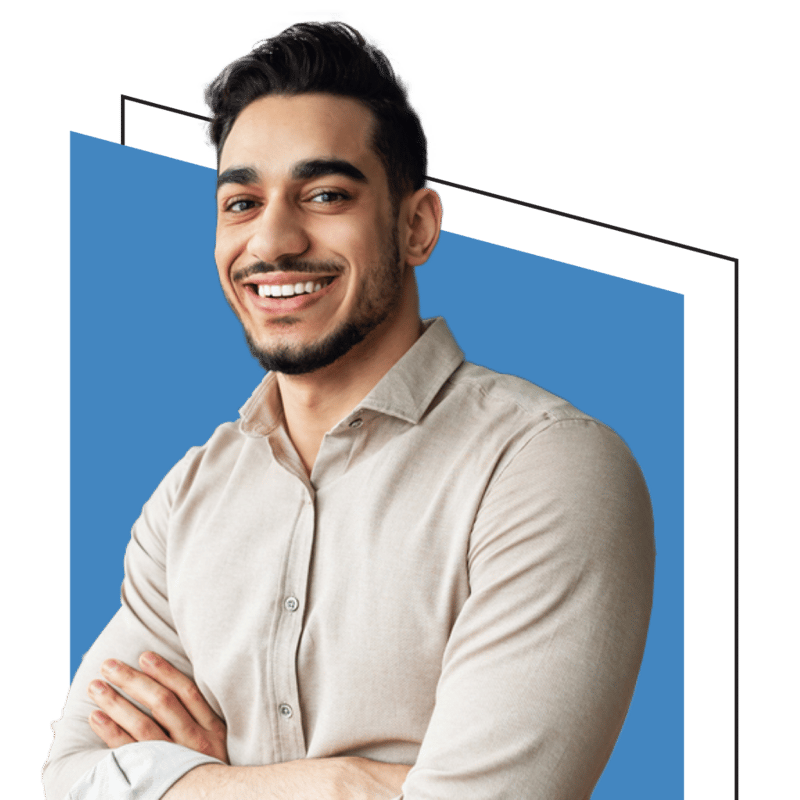 X-Team engineer in a beige shirt, arms crossed, smiling — blue accent shape