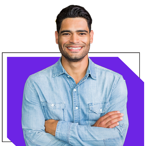 Senior X-Team engineer, arms crossed, smiling — purple accent shape
