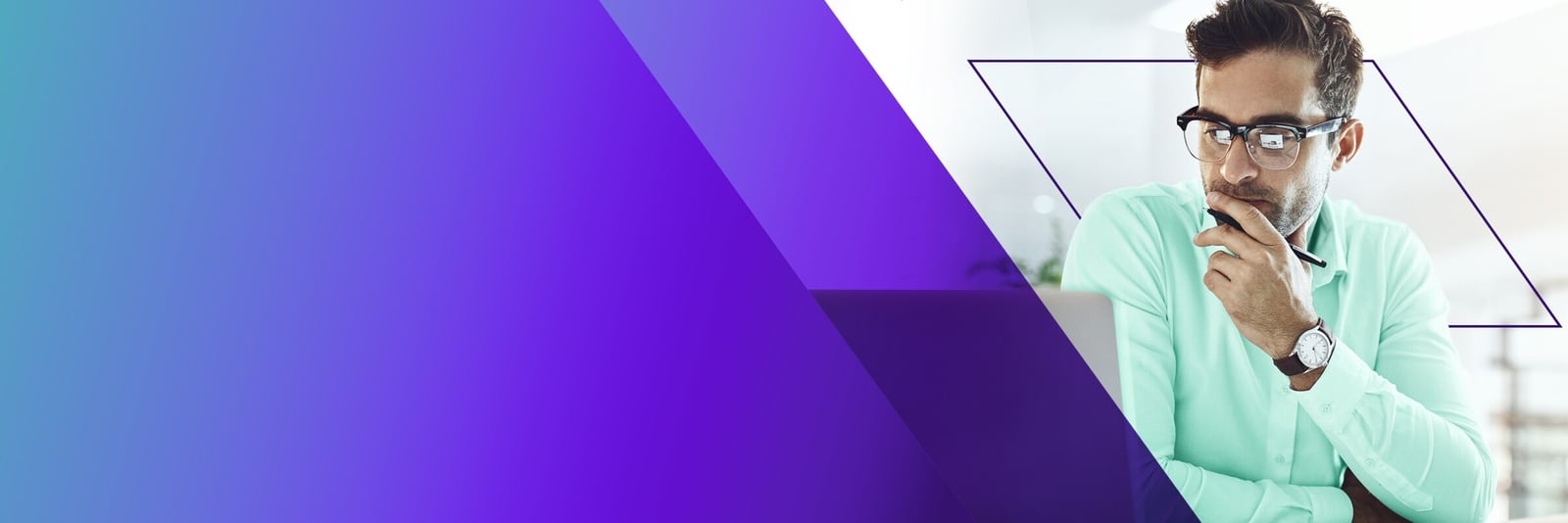 X-Team engineer in a mint shirt, hand on chin, thinking at his desk (purple gradient treatment)