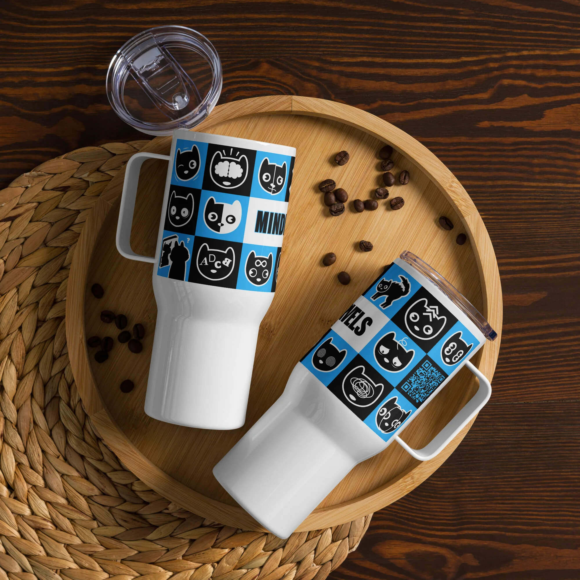 MindMarvels coffee mugs on a wooden platter