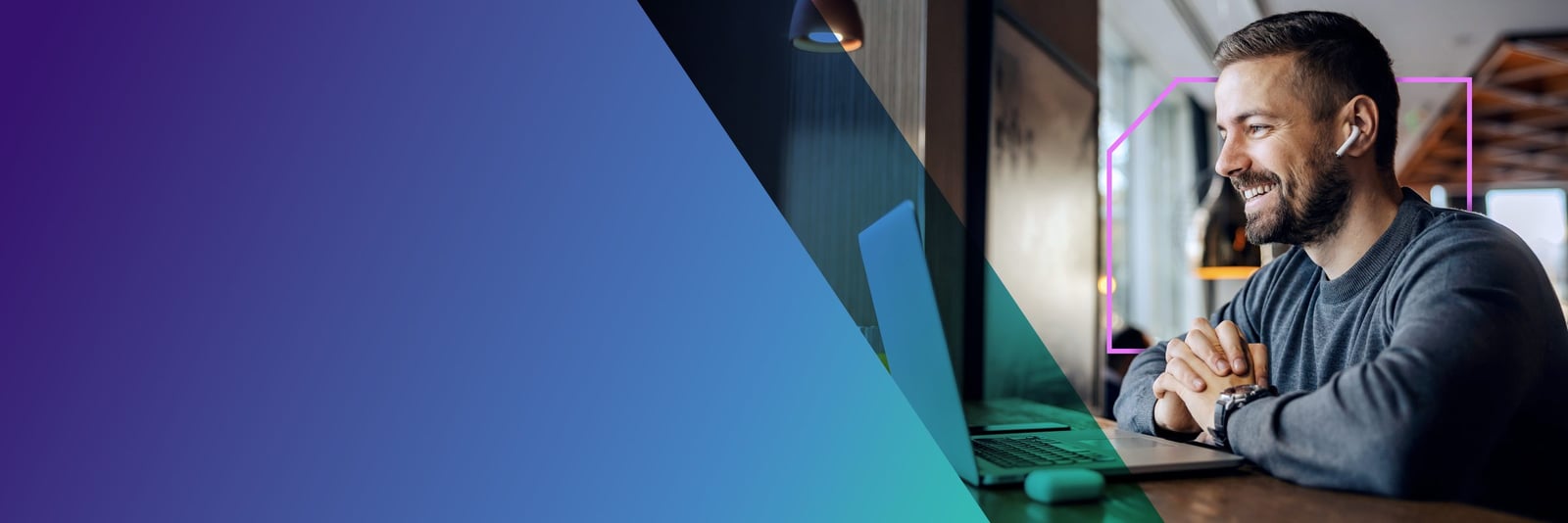 X-Team developer working at a laptop, blue-to-teal gradient sweep across the frame