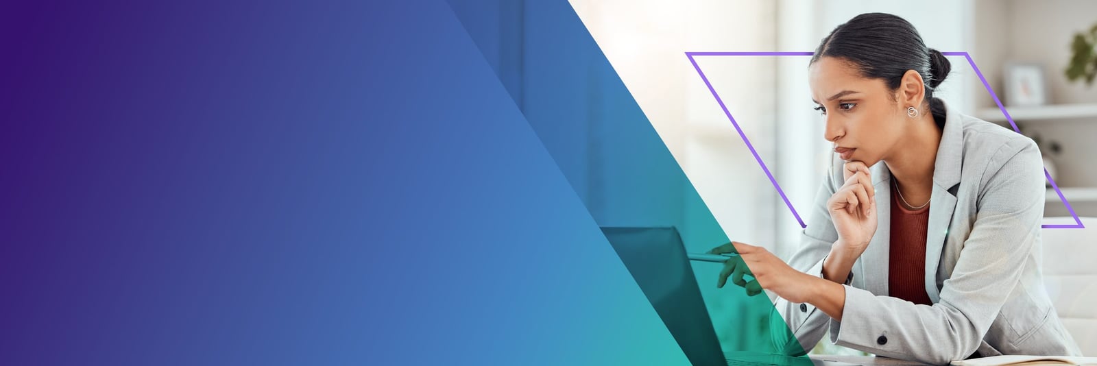 Developer working at a laptop, teal-to-purple gradient sweep across the frame