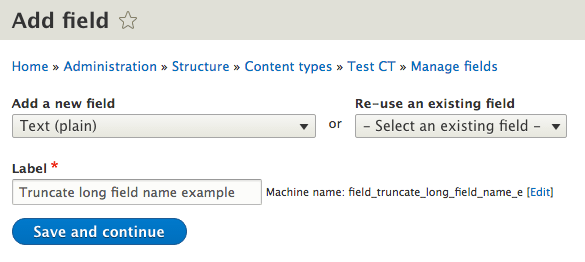 Example of field name truncating in the add field form