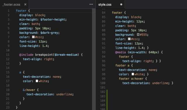 On the left, a SASS file, on the right, its CSS translation. You can see variables, includes and nested elements, all them very handy things not available in plain CSS.