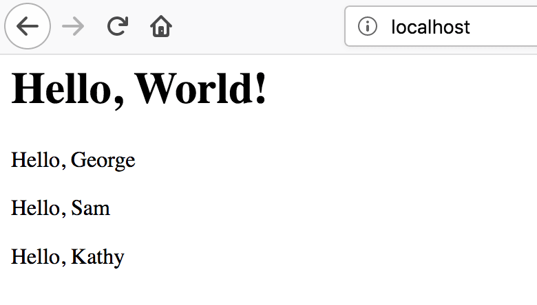 web page with 'Hello, World!' header, followed by 'Hello, George,' 'Hello, Sam,' and 'Hello, Kathy'