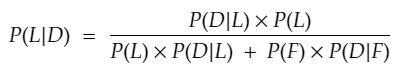 P(L|D) = (P(D|L) x P(L)) / (P(L) x P(D|L) + P(F) x P(D|F))
