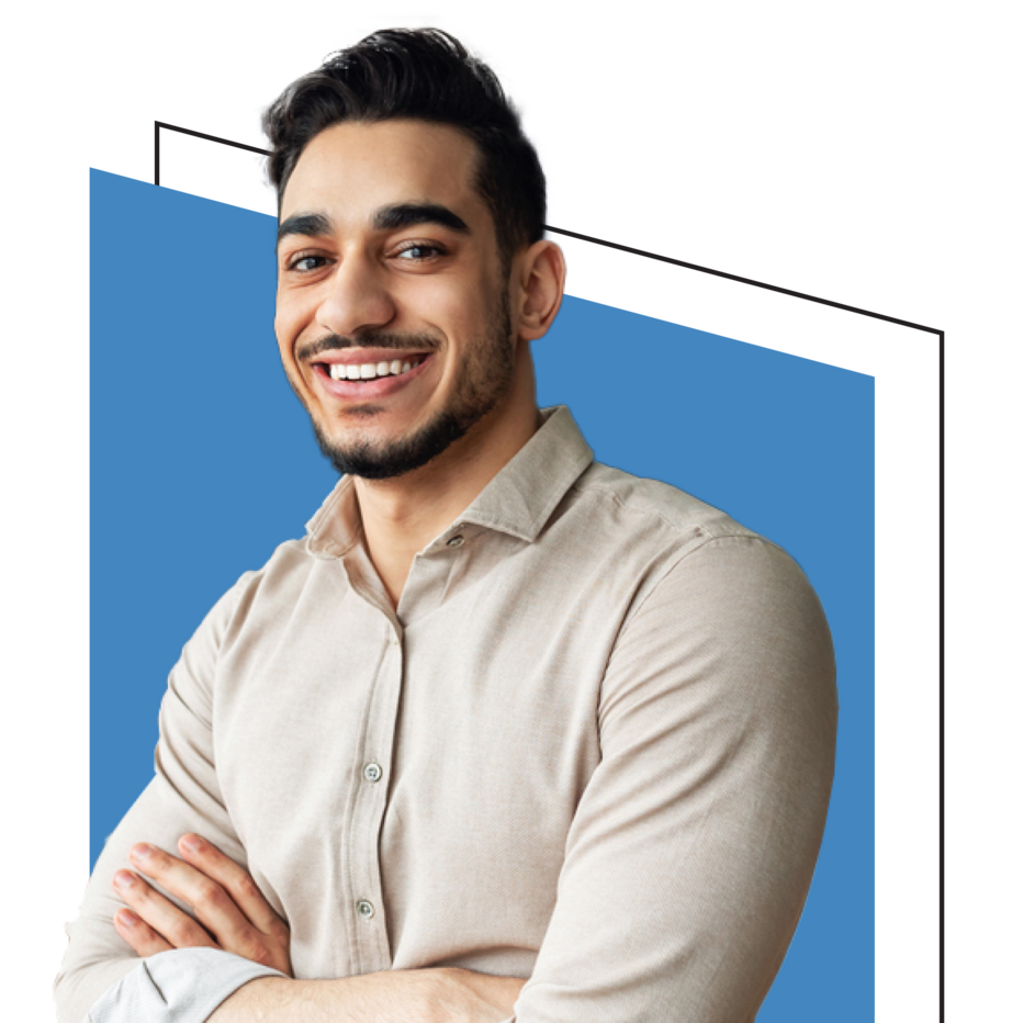X-Team engineer in a beige shirt, arms crossed, smiling — blue accent shape