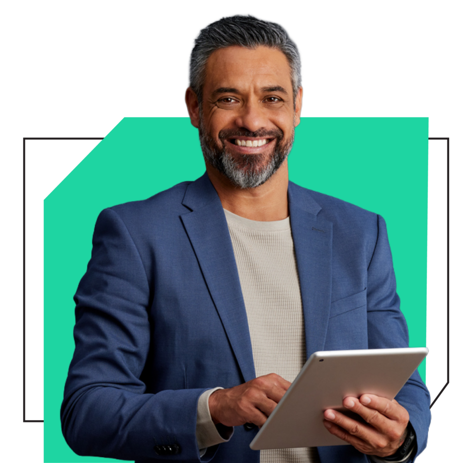 Senior X-Team engineer in a blue blazer holding a tablet — green accent shape