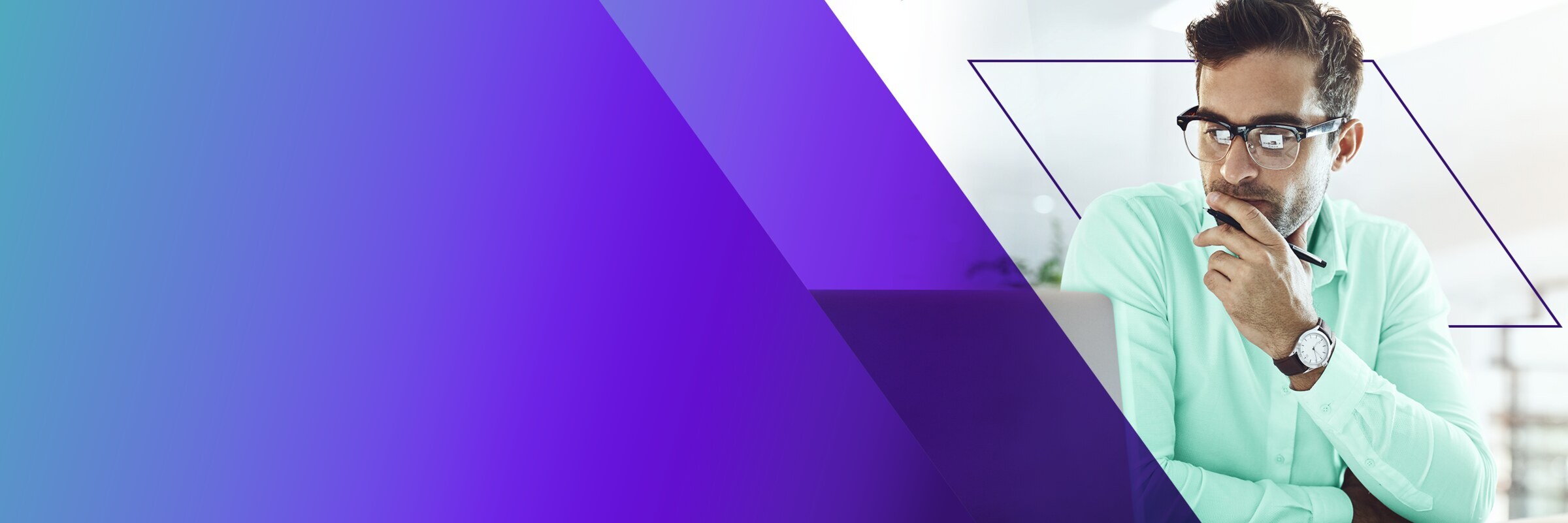 X-Team engineer in a mint shirt, hand on chin, thinking at his desk (purple gradient treatment)
